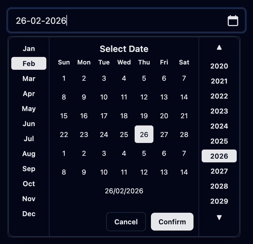 TailNG Datepicker - month, date and year in a single screen